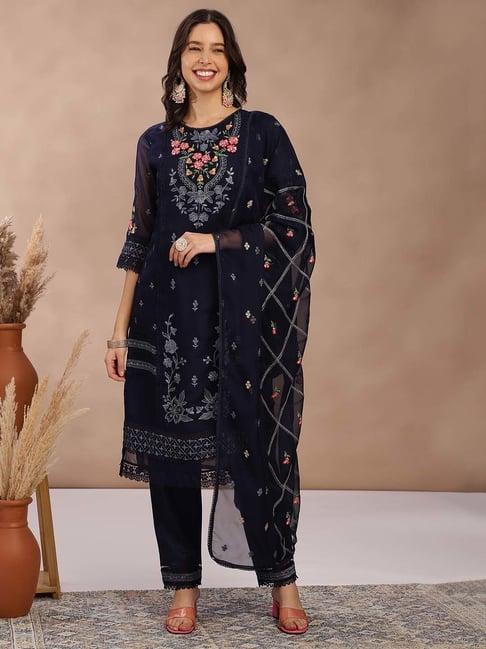 fabmora blue embroidered kurta pant set with dupatta