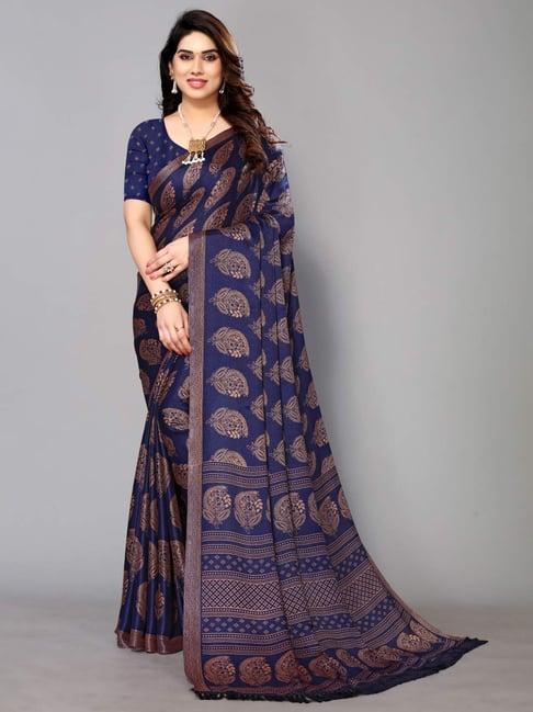 fabmora blue floral print saree with unstitched blouse