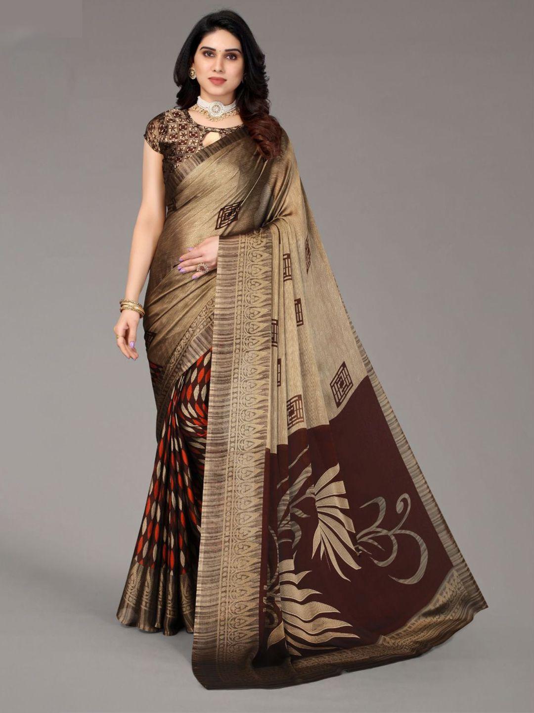 fabmora brown & beige poly chiffon saree