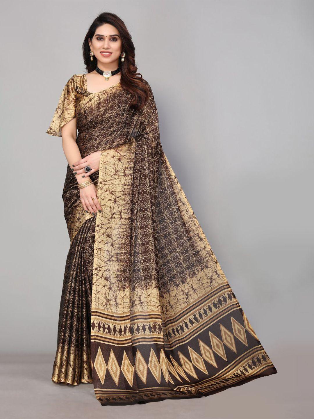 fabmora brown & beige poly chiffon saree