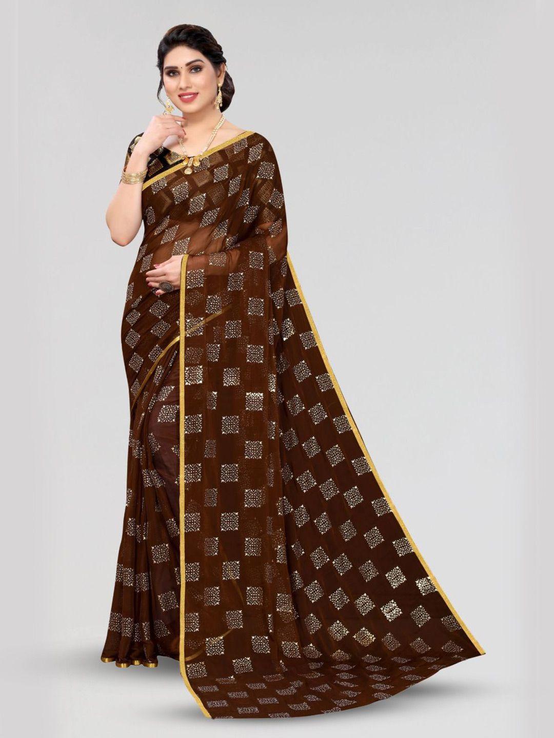 fabmora brown & gold-toned ethnic motifs zari poly chiffon saree