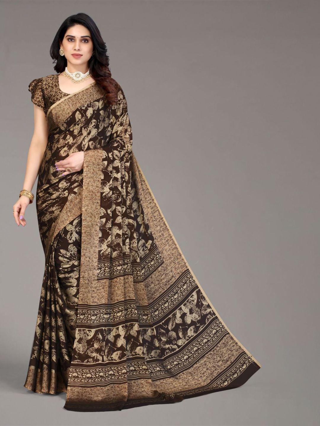 fabmora brown & gold-toned floral poly chiffon saree