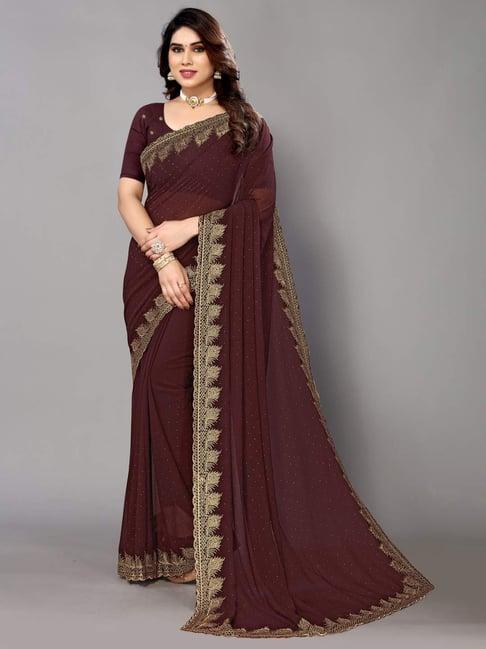 fabmora brown embellished saree with unstitched blouse