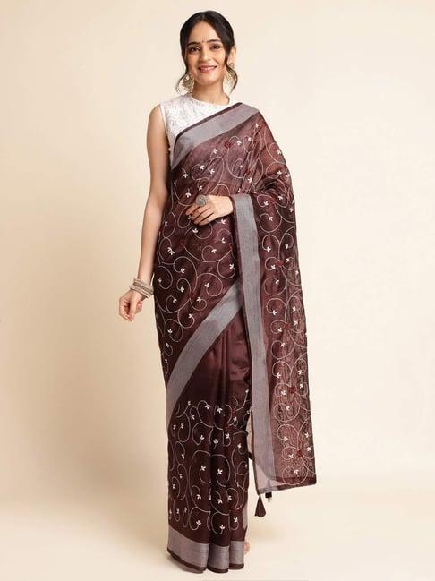 fabmora brown embroidered saree with unstitched blouse