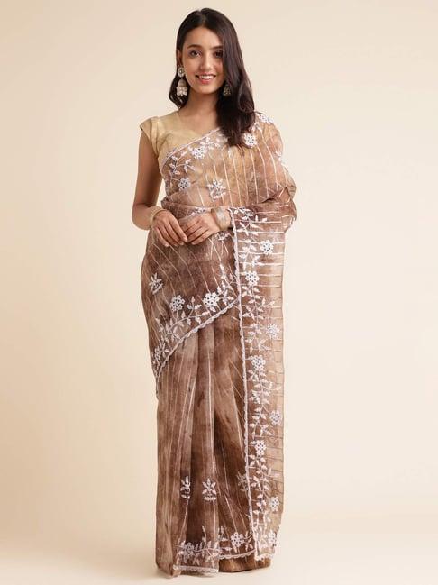 fabmora brown embroidered saree with unstitched blouse