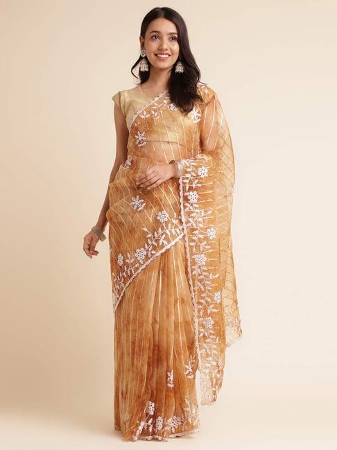 fabmora brown embroidered saree with unstitched blouse