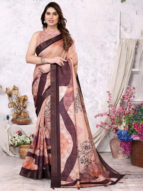 fabmora brown floral print saree with unstitched blouse