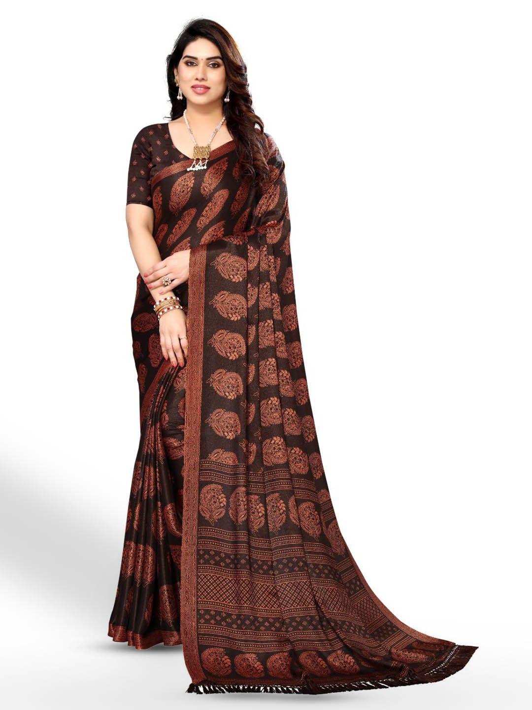 fabmora coffee brown & beige ethnic motifs pure chiffon saree