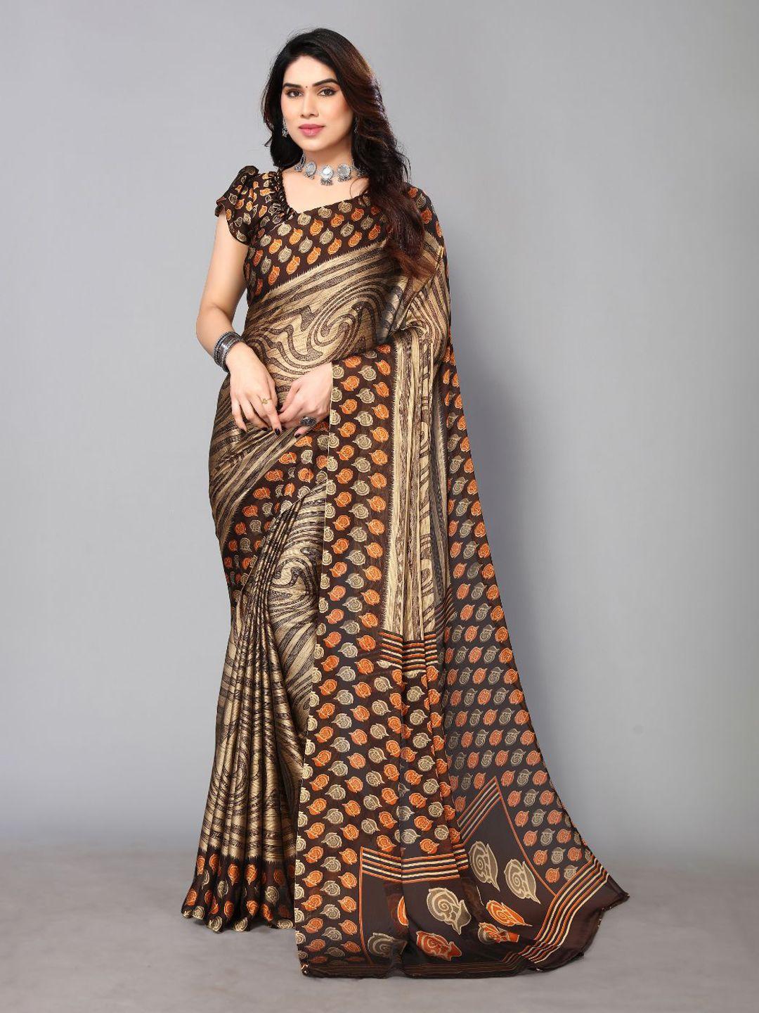 fabmora cream-coloured & brown leheriya poly chiffon saree