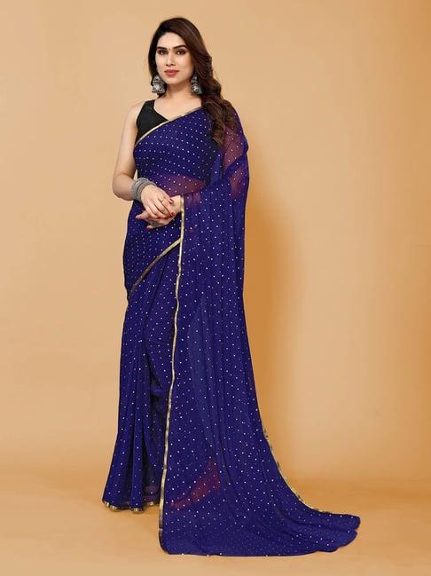 fabmora dark blue chiffon embellished saree with unstitched blouse