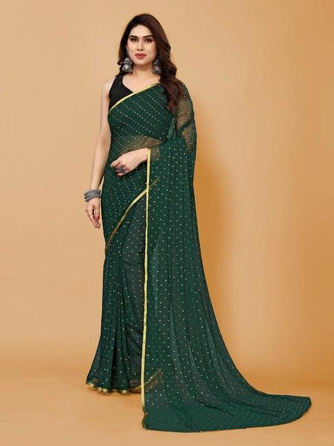 fabmora dark green chiffon embellished saree with unstitched blouse