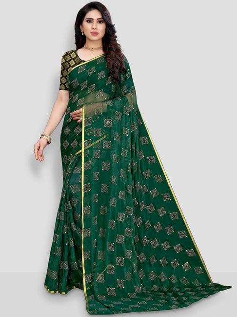 fabmora dark green chiffon printed saree with unstitched blouse