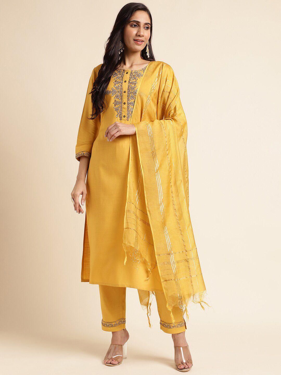 fabmora ethnic motif yoke design straight kurta & trousers with dupatta