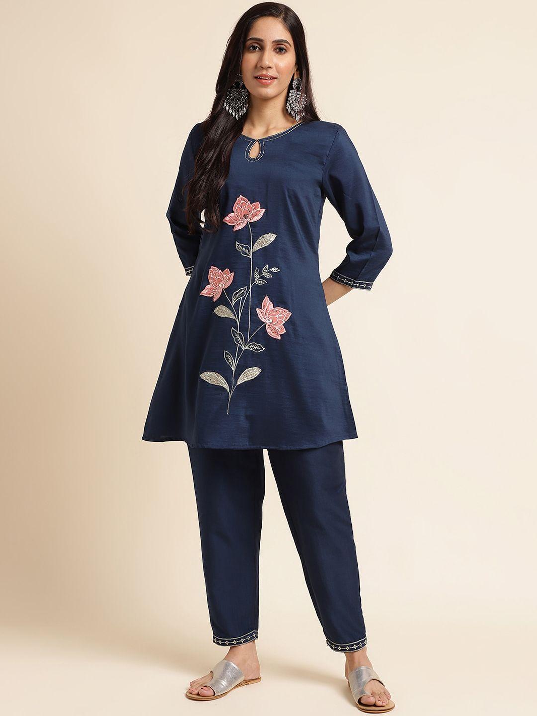 fabmora floral embroidered  kurti & trousers