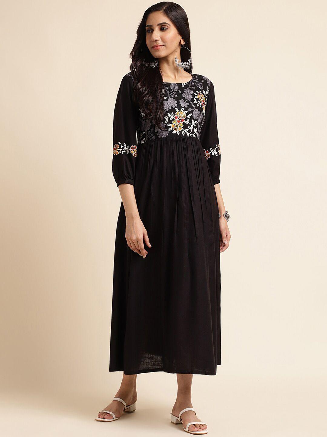 fabmora floral embroidered fit and flare midi dress