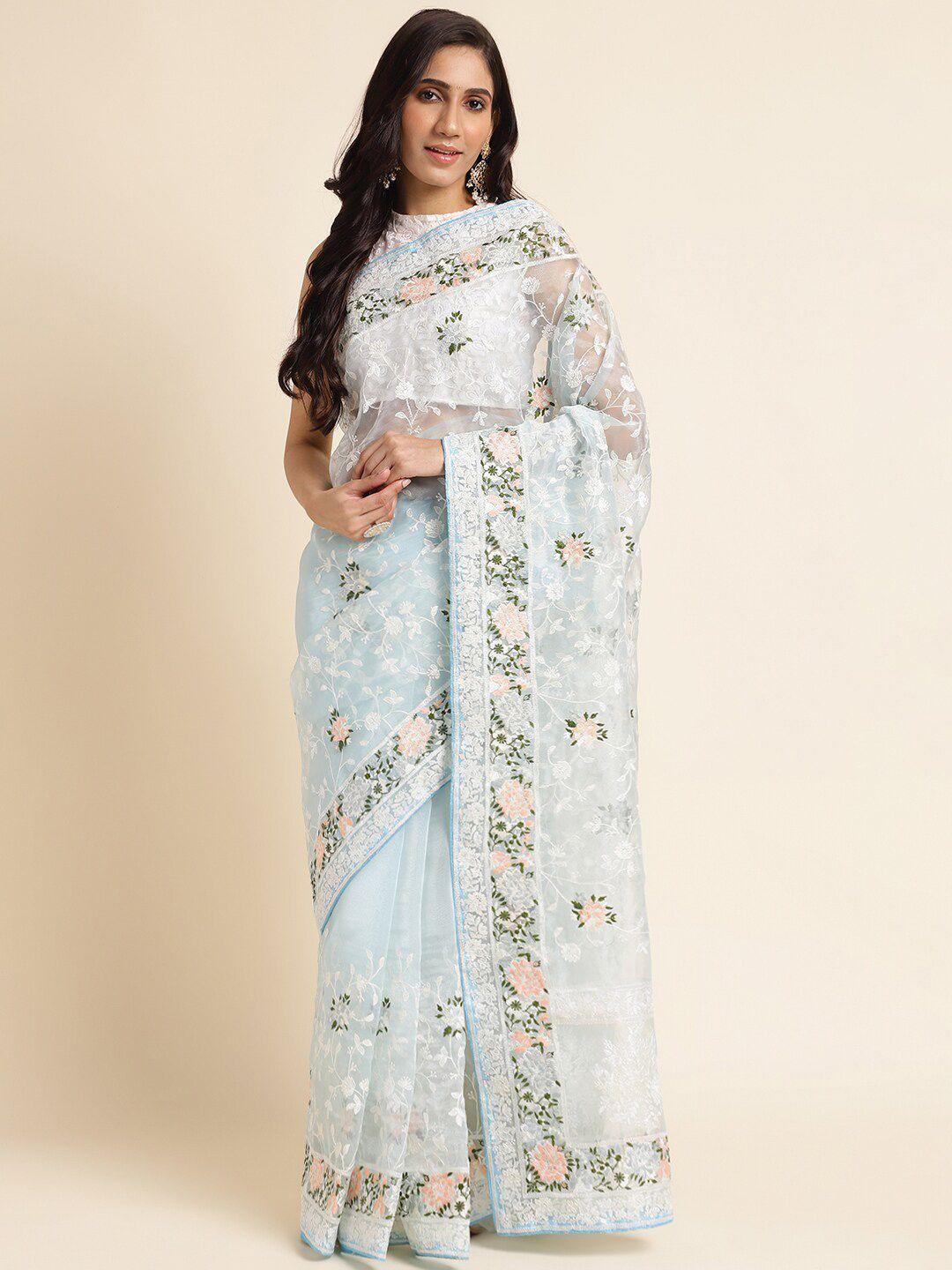 fabmora floral embroidered organza saree