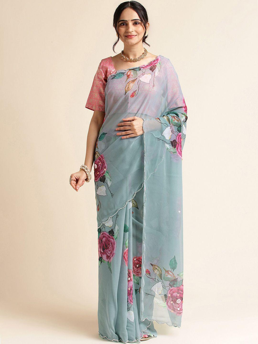 fabmora floral embroidered pure georgette saree