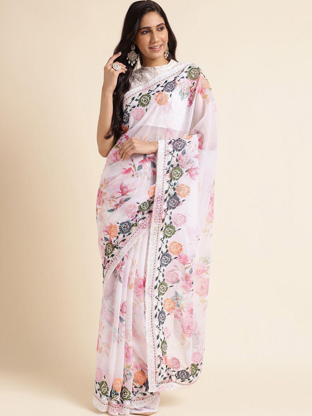 fabmora floral embroidered pure georgette saree