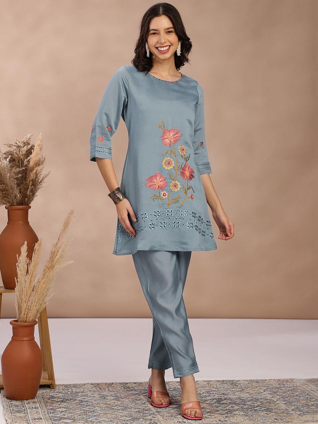 fabmora floral embroidered regular thread work kurta with trousers