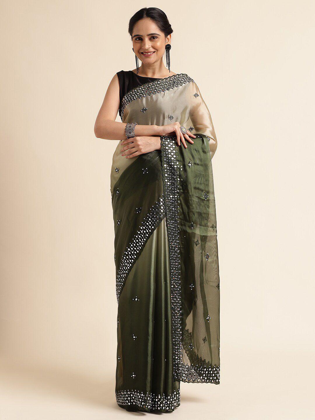 fabmora floral mirror work organza saree