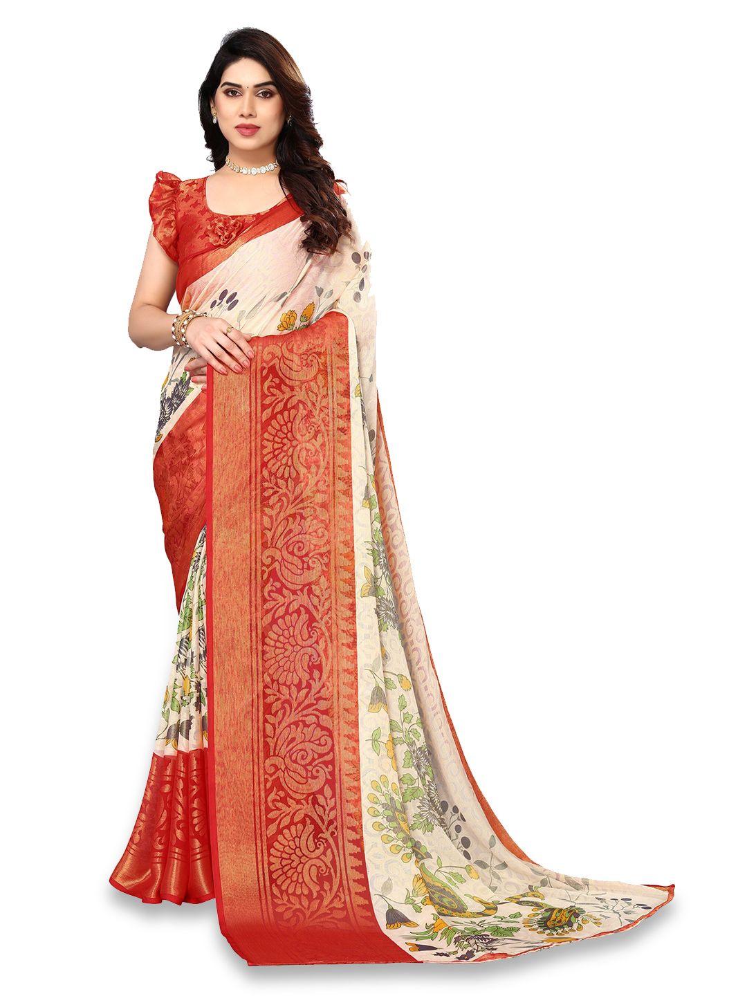 fabmora floral printed zari pure chiffon brasso saree