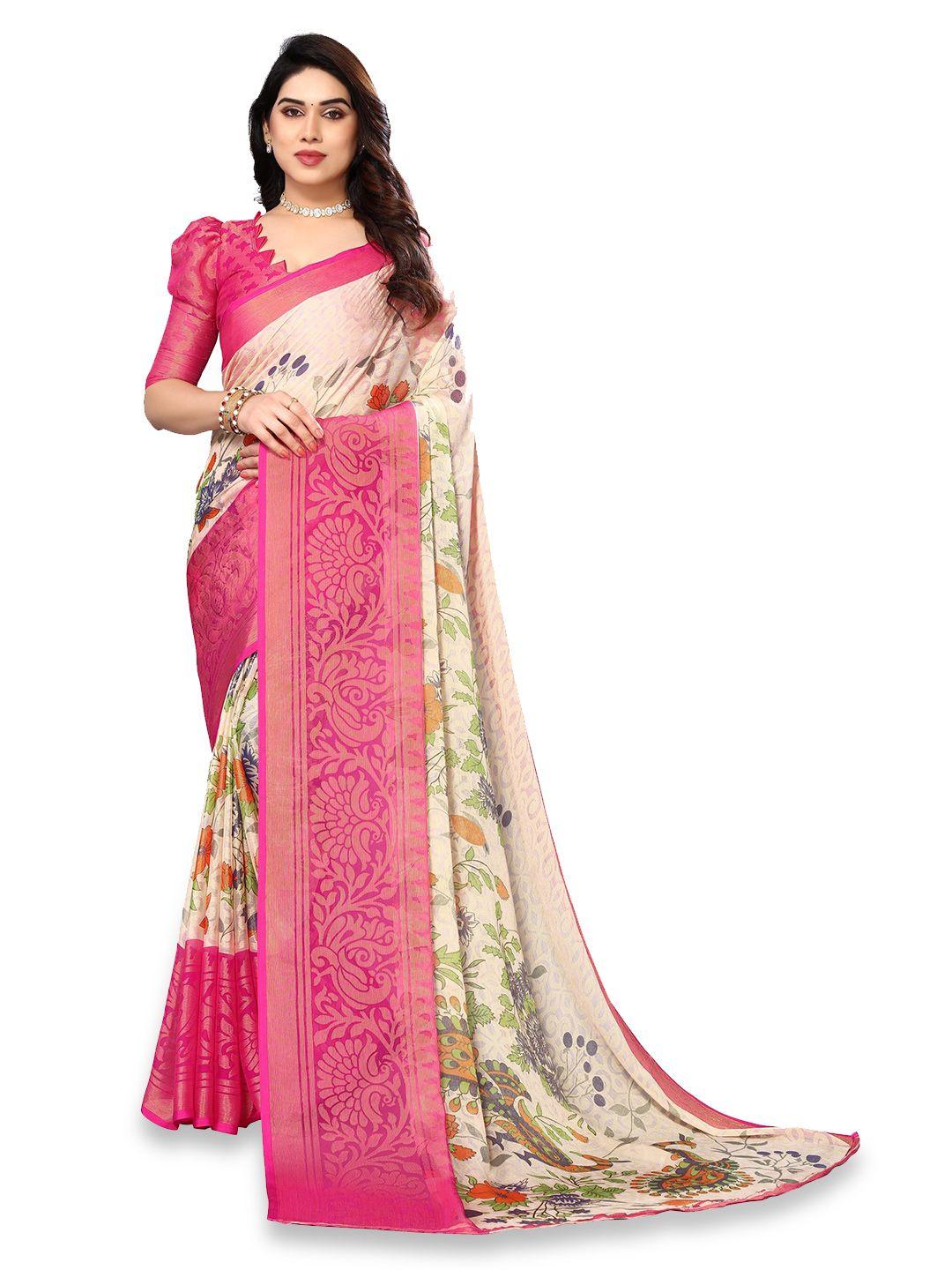 fabmora floral printed zari pure chiffon brasso saree