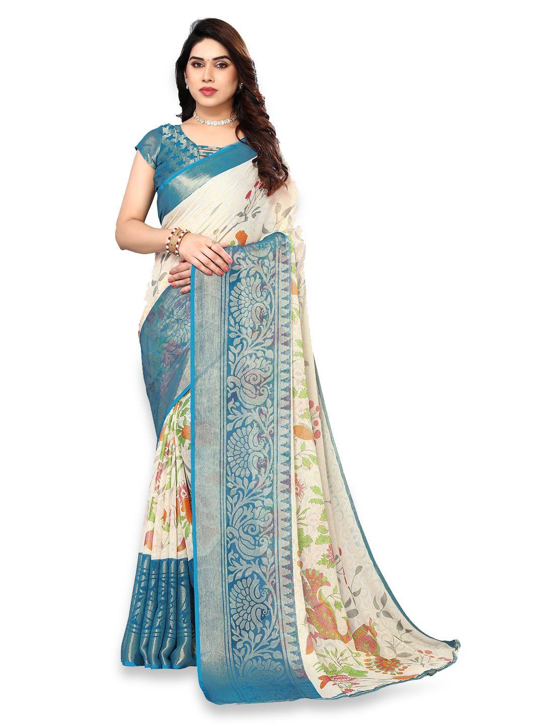 fabmora floral printed zari pure chiffon brasso saree