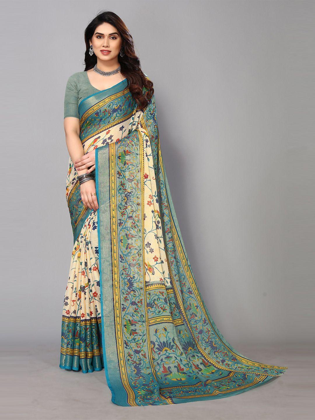 fabmora floral printed zari pure chiffon saree