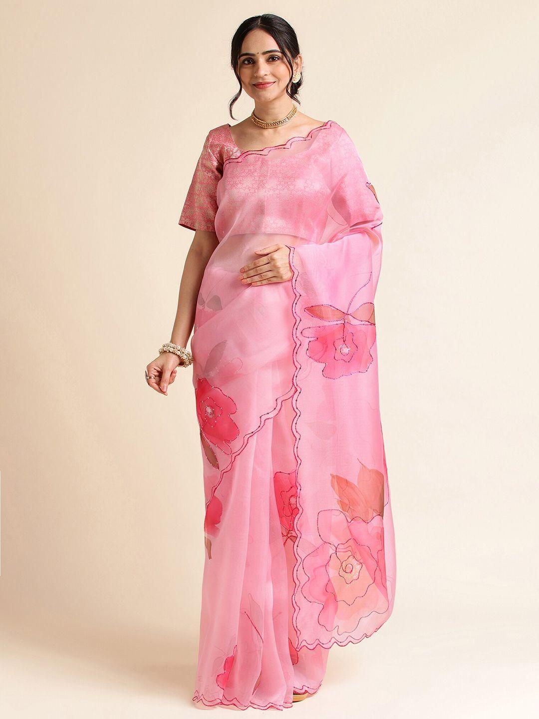 fabmora floral sequinned detailed organza saree