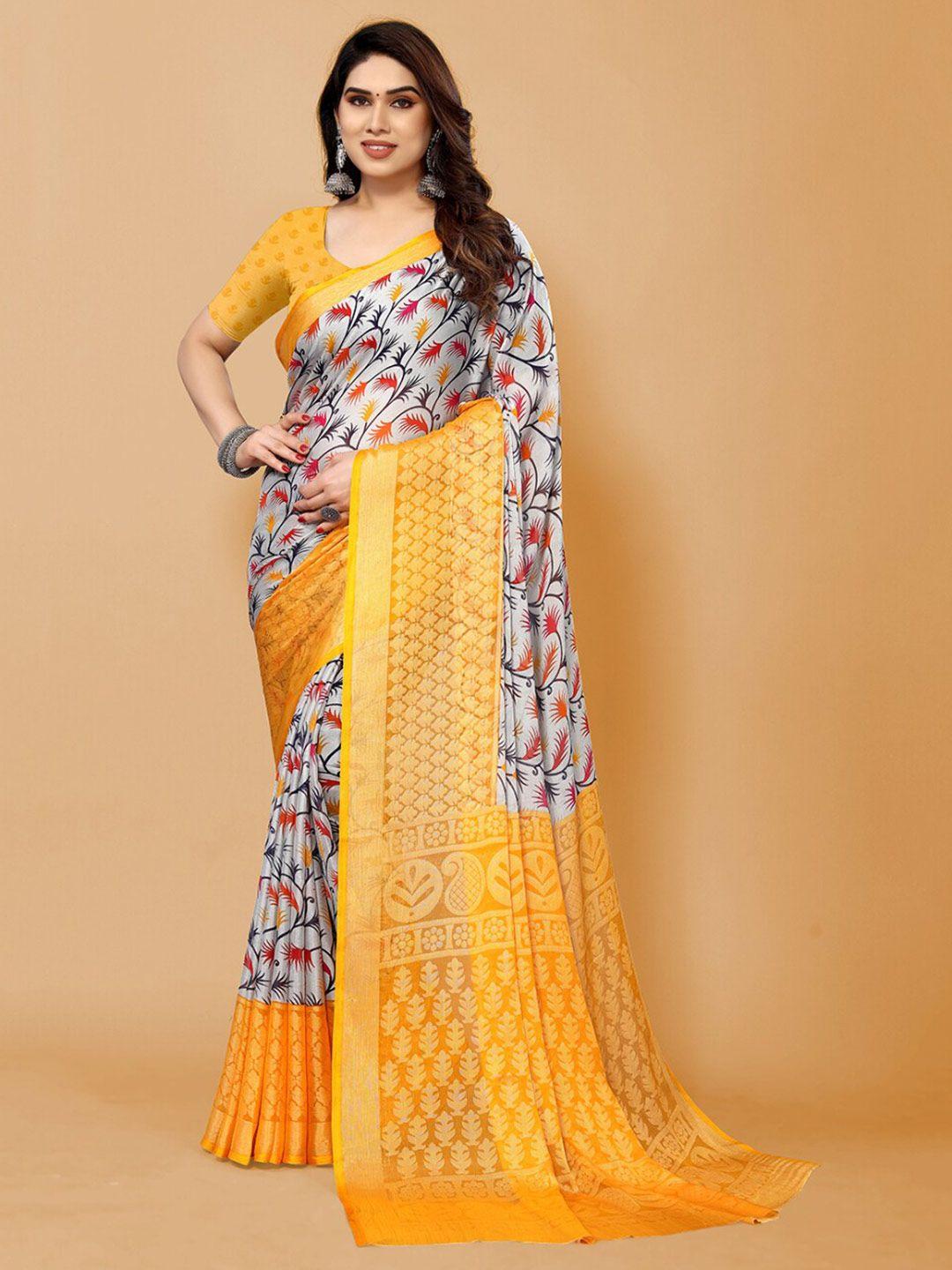 fabmora gold-toned & grey floral zari poly chiffon saree