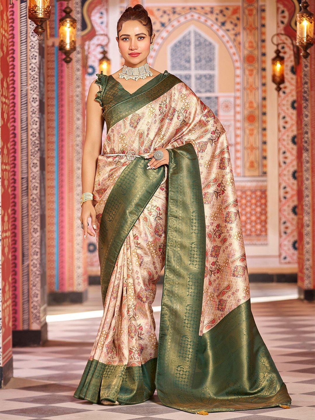 fabmora green & beige kalamkari zari pure silk kanjeevaram saree