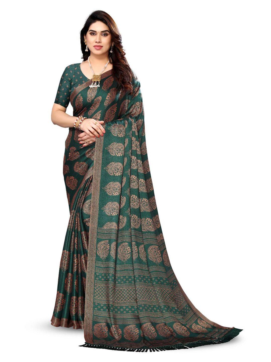 fabmora green & bronze-toned ethnic motifs pure chiffon saree