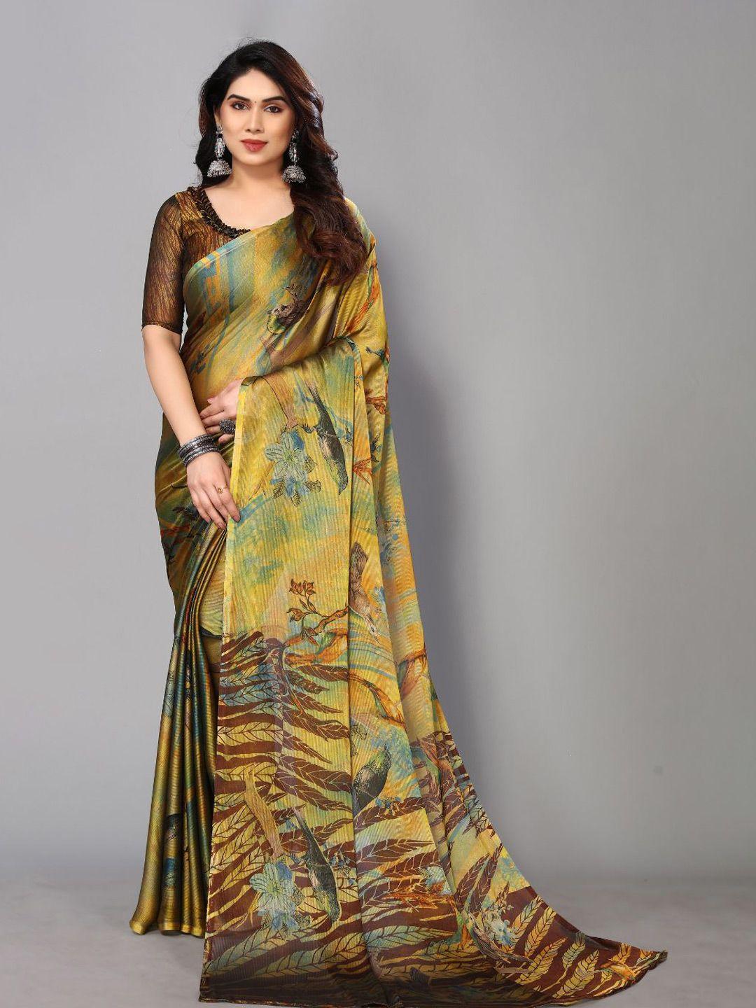 fabmora green & brown poly chiffon saree