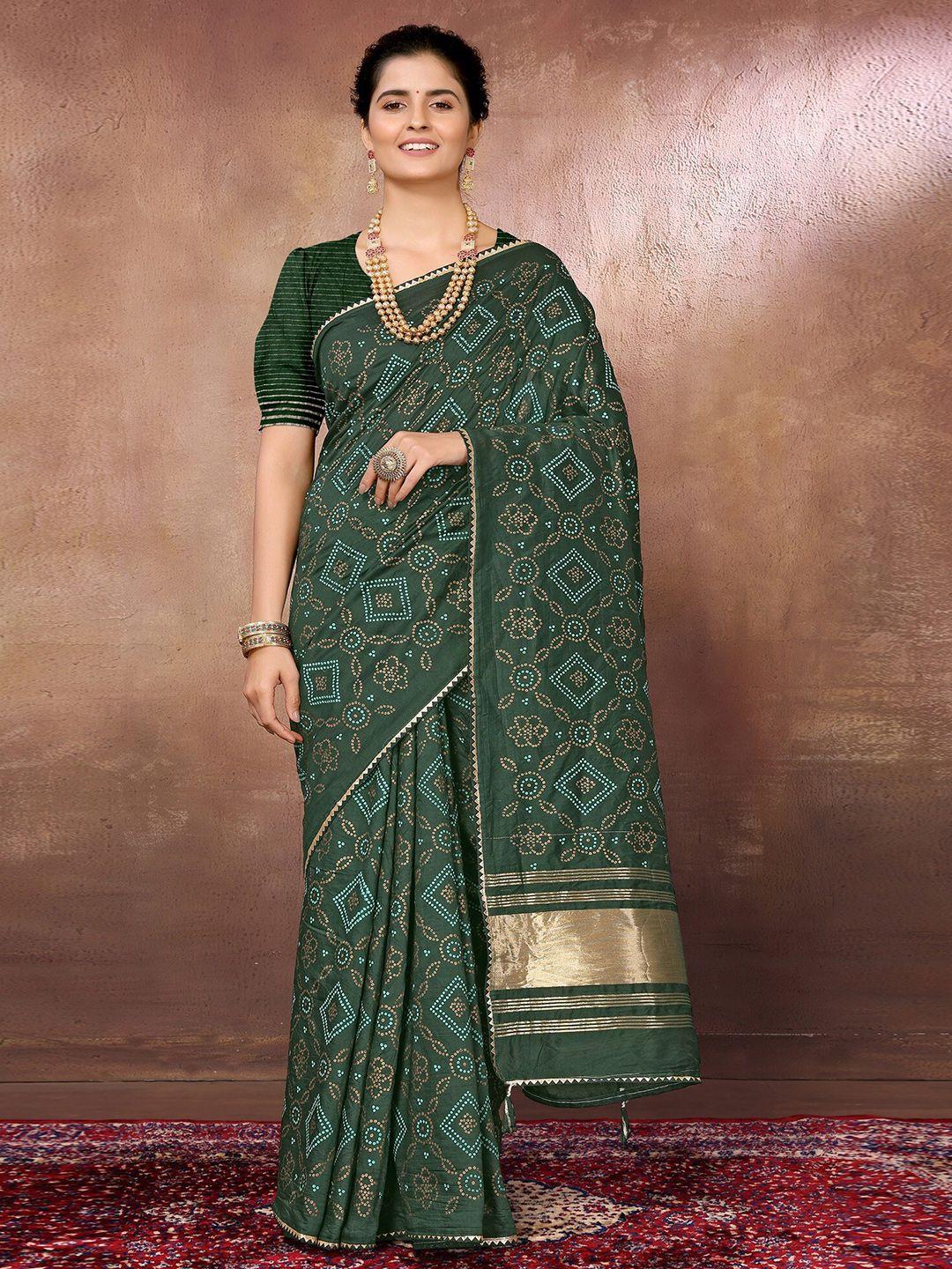 fabmora green & gold-toned bandhani chanderi saree