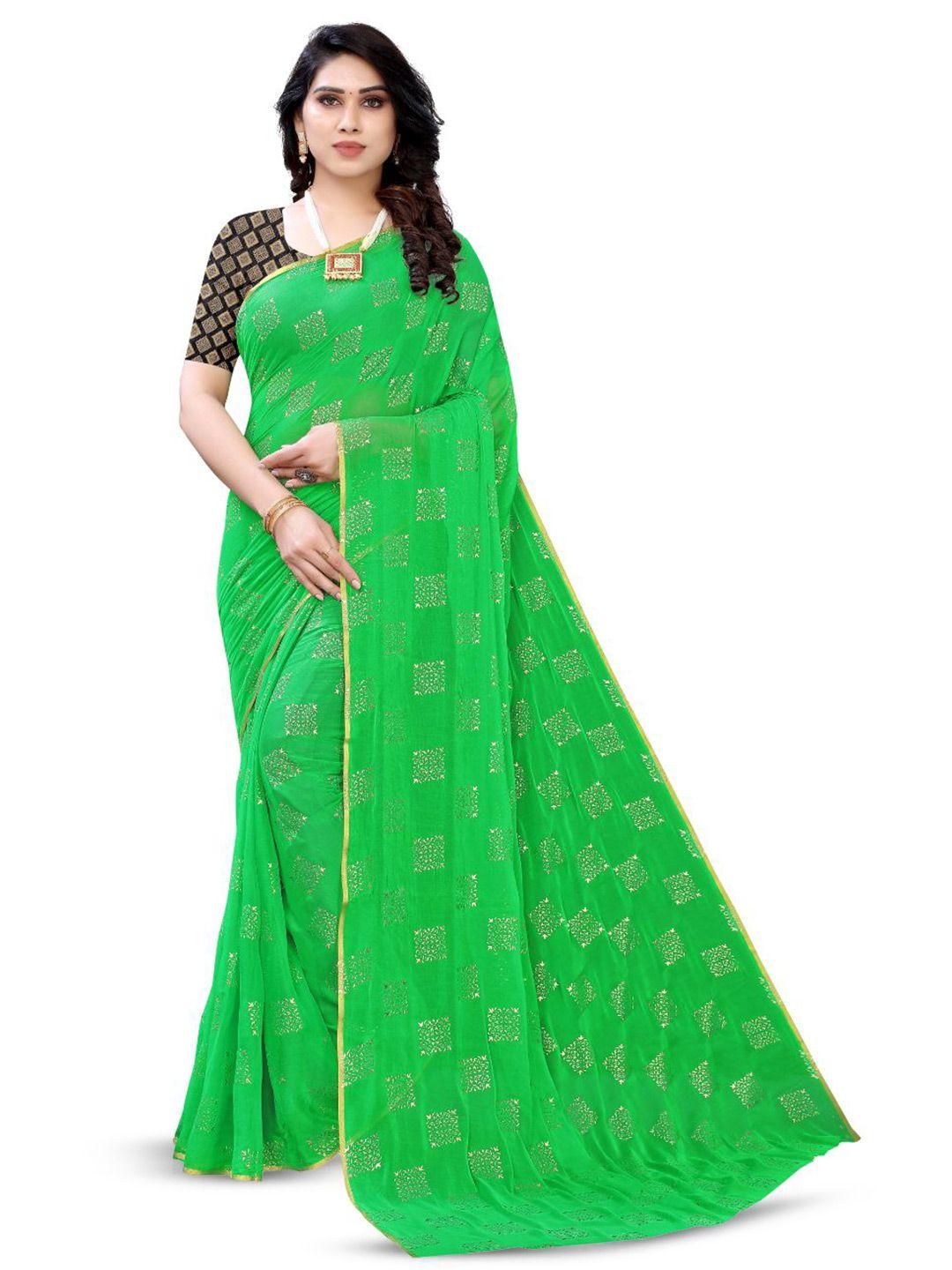 fabmora green & gold-toned ethnic motifs poly chiffon saree