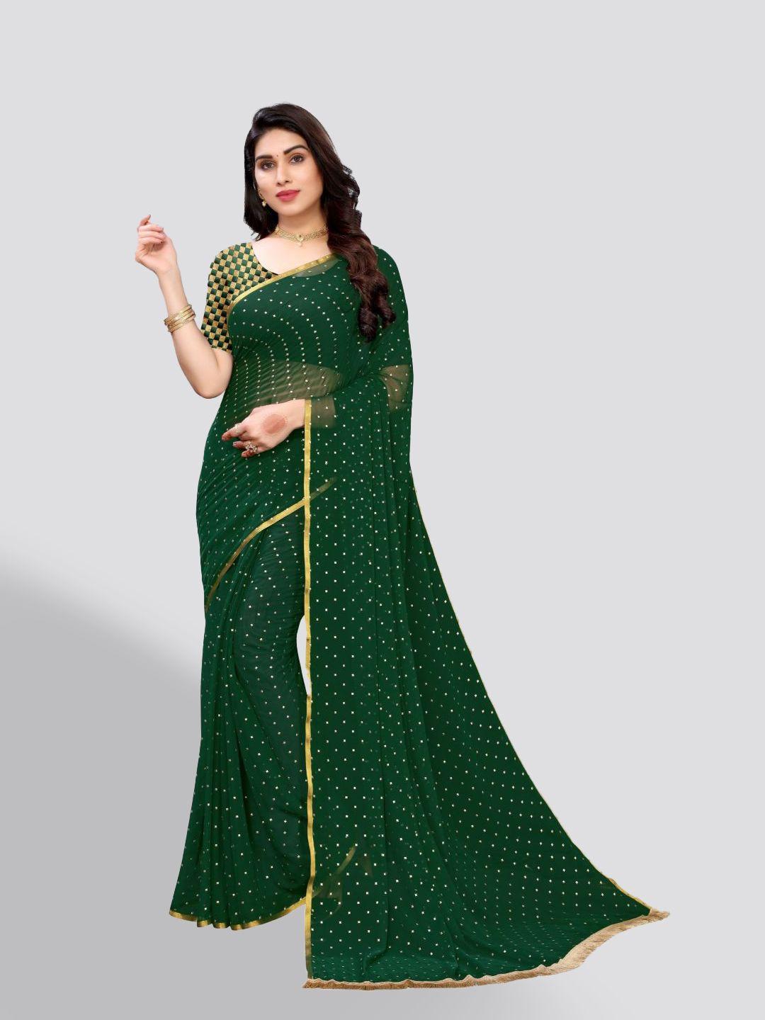 fabmora green & gold-toned polka dot poly chiffon saree