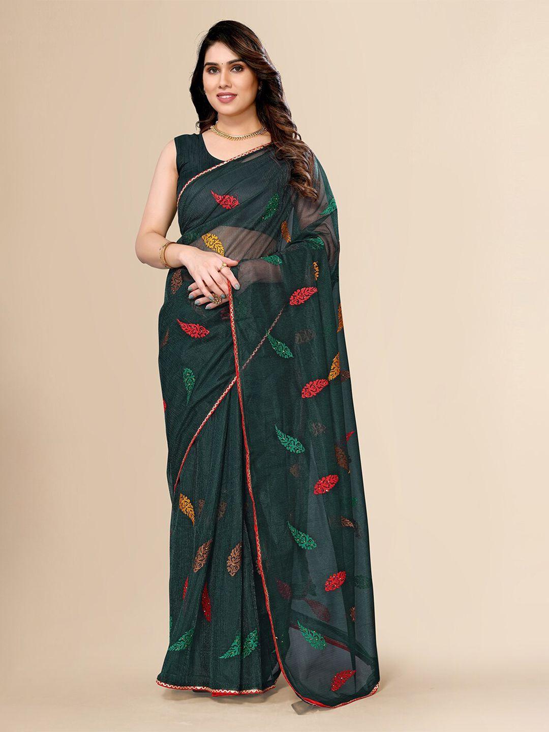 fabmora green & red ethnic motifs embroidered net saree