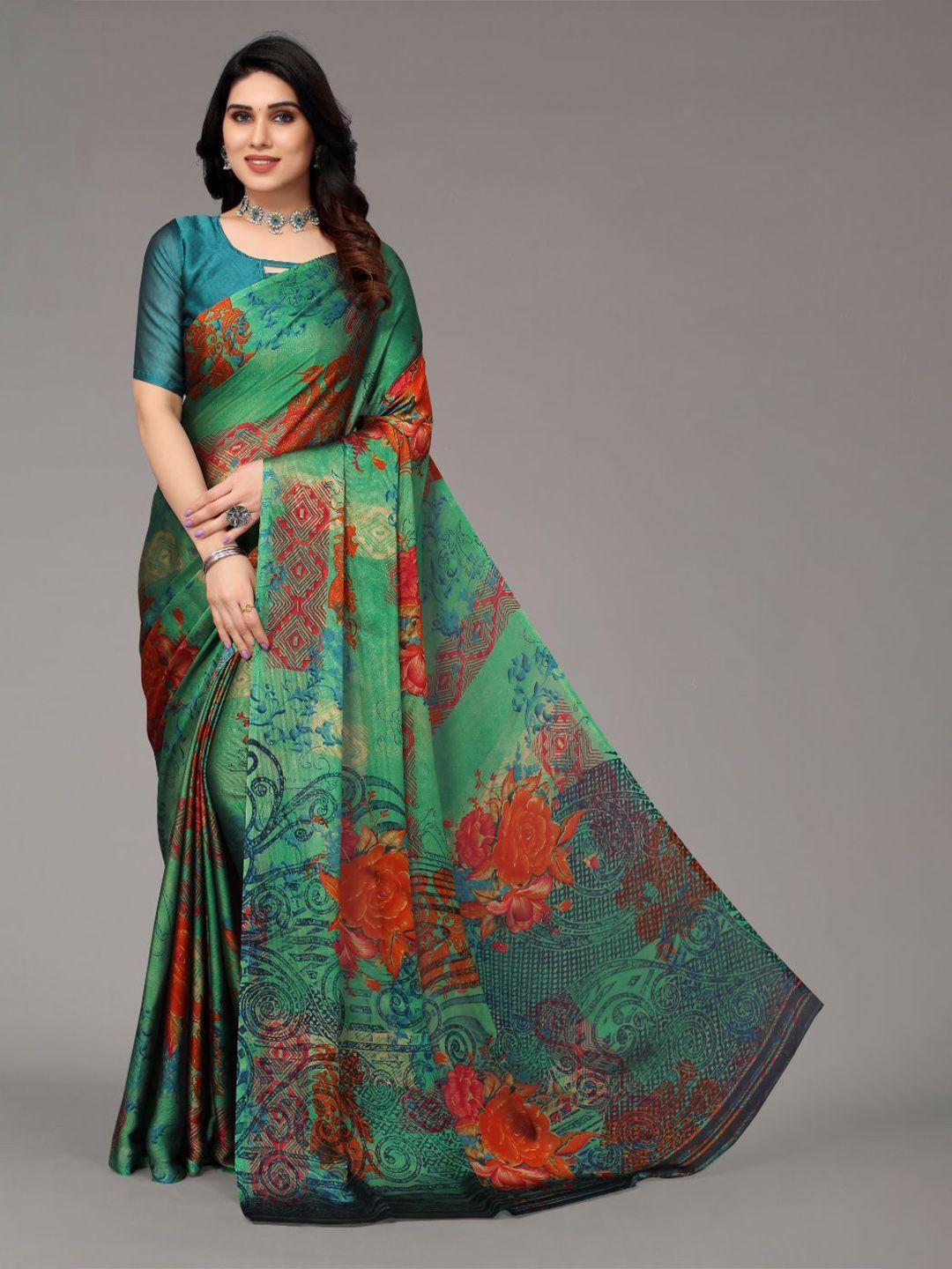 fabmora green & red ethnic motifs poly chiffon saree