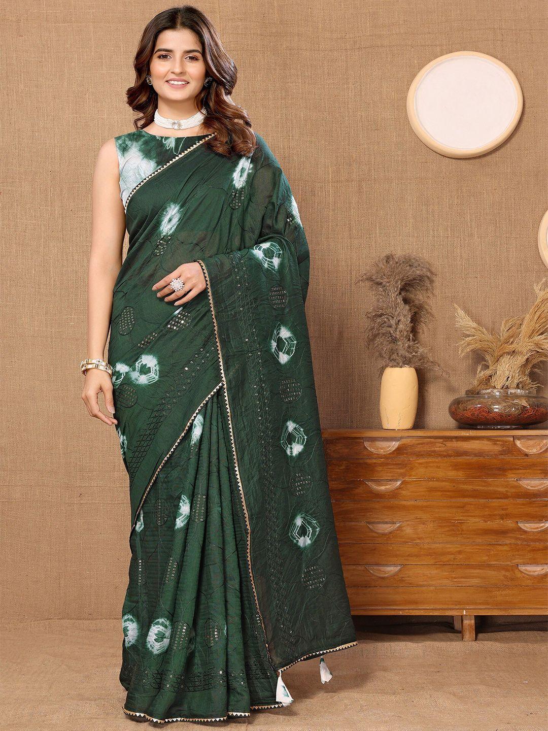 fabmora green & white bandhani chanderi saree