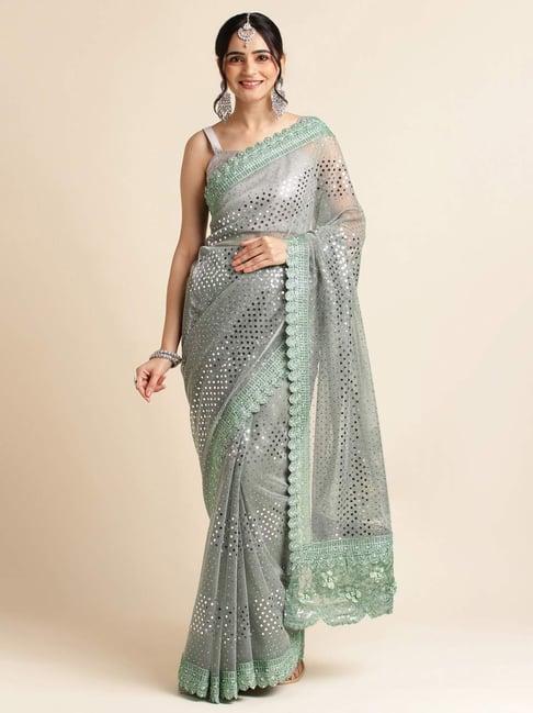 fabmora green embellished saree with unstitched blouse