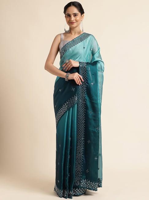 fabmora green embellished saree with unstitched blouse