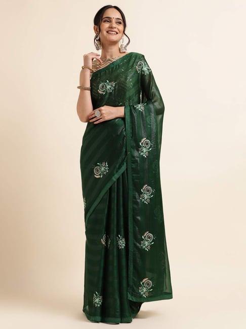 fabmora green embroidered saree with unstitched blouse