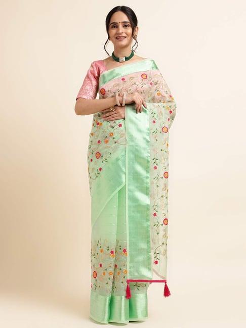 fabmora green embroidered saree with unstitched blouse