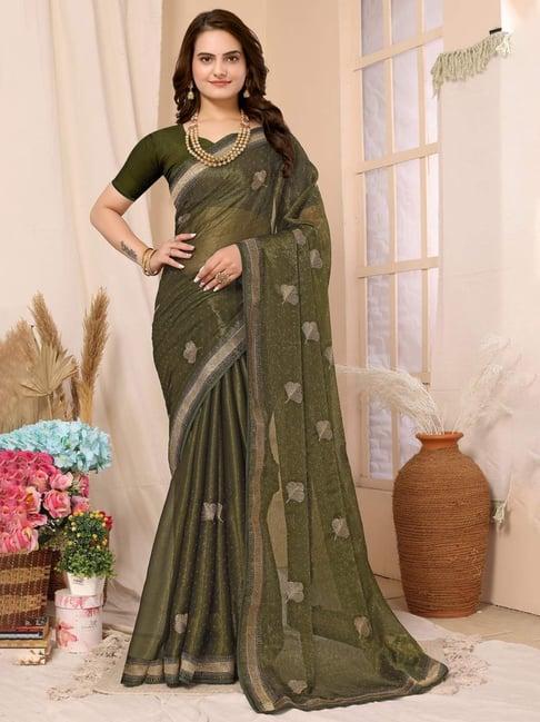 fabmora green embroidered saree with unstitched blouse