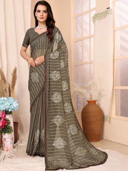 fabmora green embroidered saree with unstitched blouse