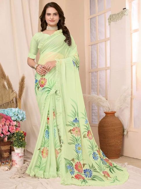 fabmora green floral print saree with unstitched blouse
