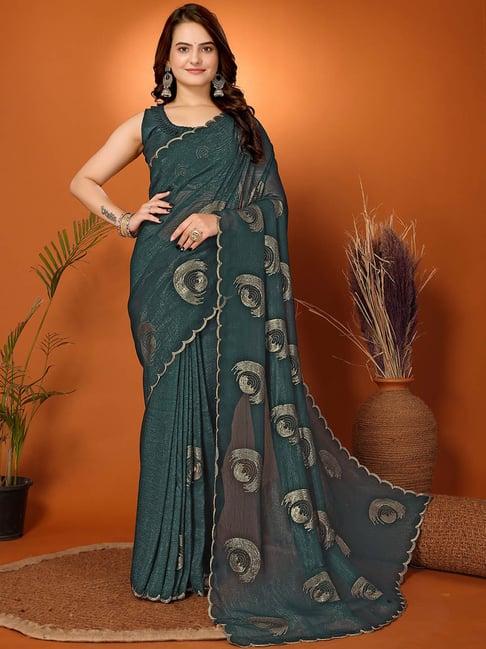 fabmora green tissue embellished saree with unstitched blouse