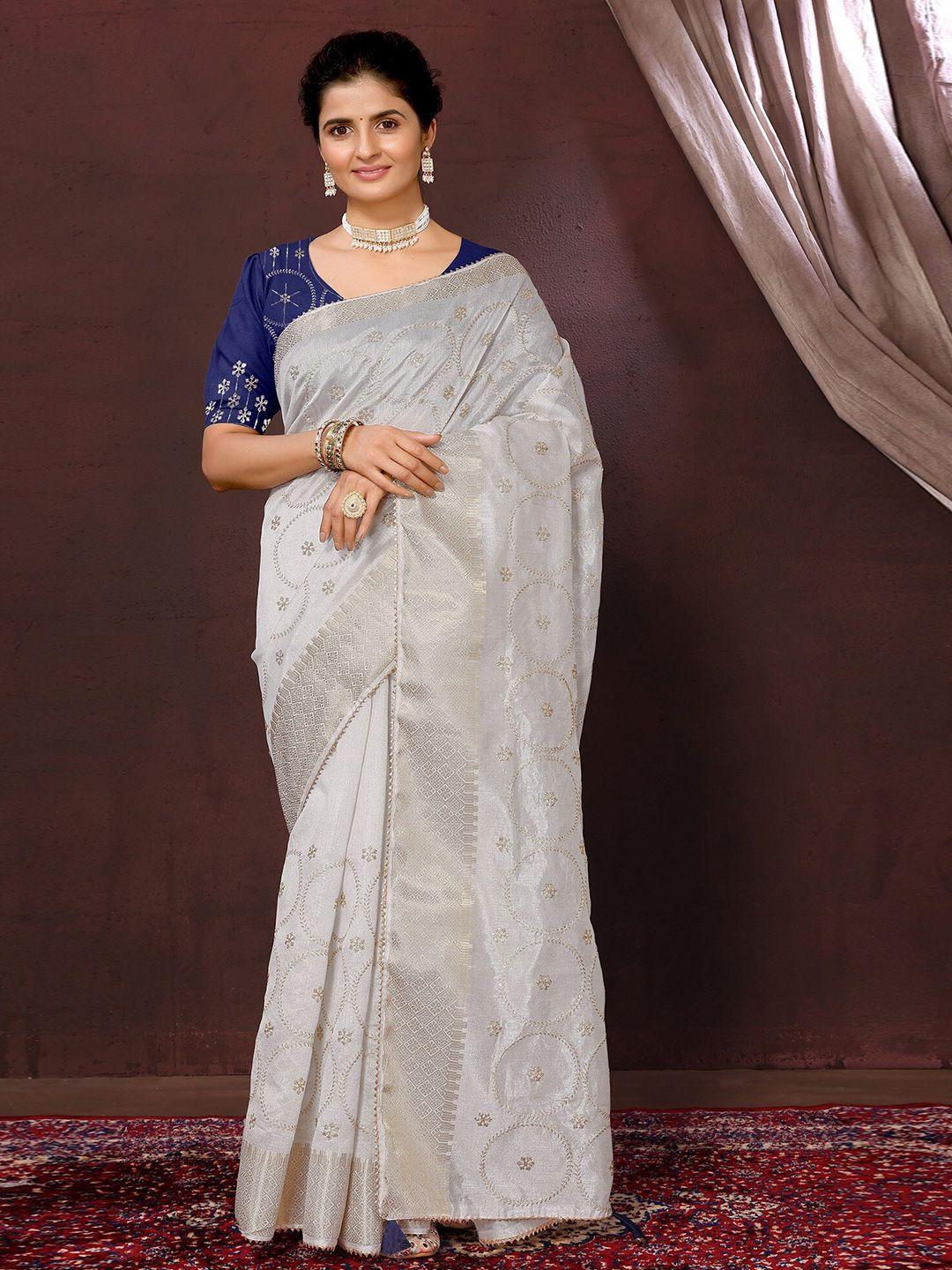 fabmora grey & gold-toned ethnic motifs zari silk cotton chanderi saree