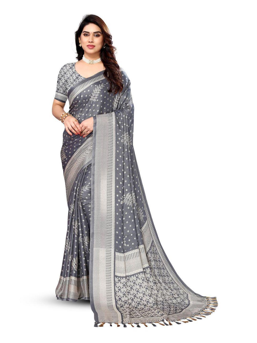 fabmora grey & white polka dot pure chiffon saree