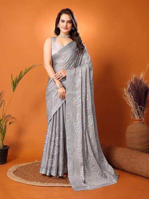 fabmora grey chiffon floral saree with unstitched blouse